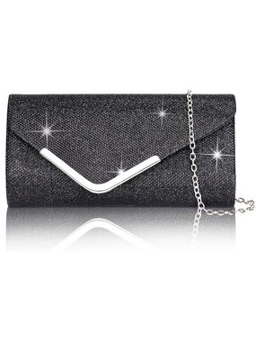 〽️ Women's Black Silver Shiny Sequin Envelope Clutch Purse Chain Evening Bags